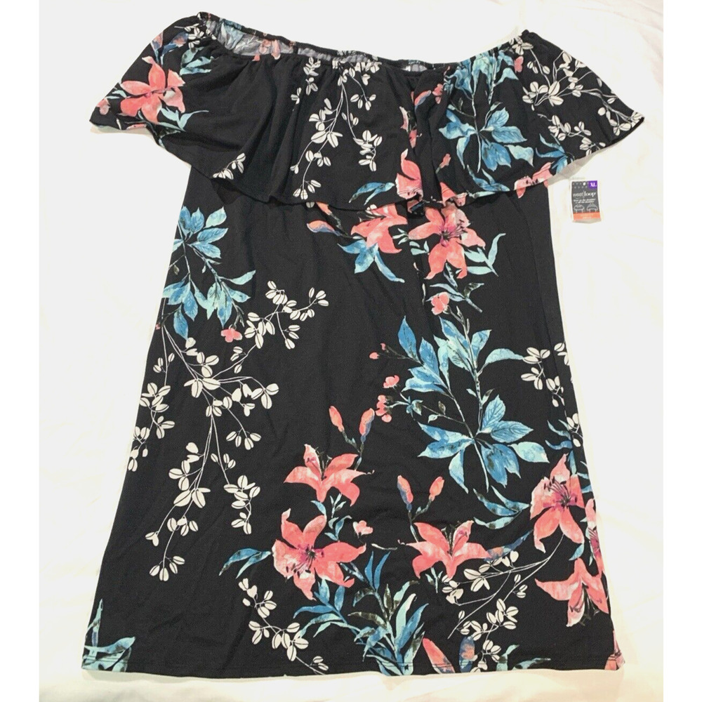 West Loop Women's Floral Dress Off Shoulders Ruffles Sz XL Off Black Floral
